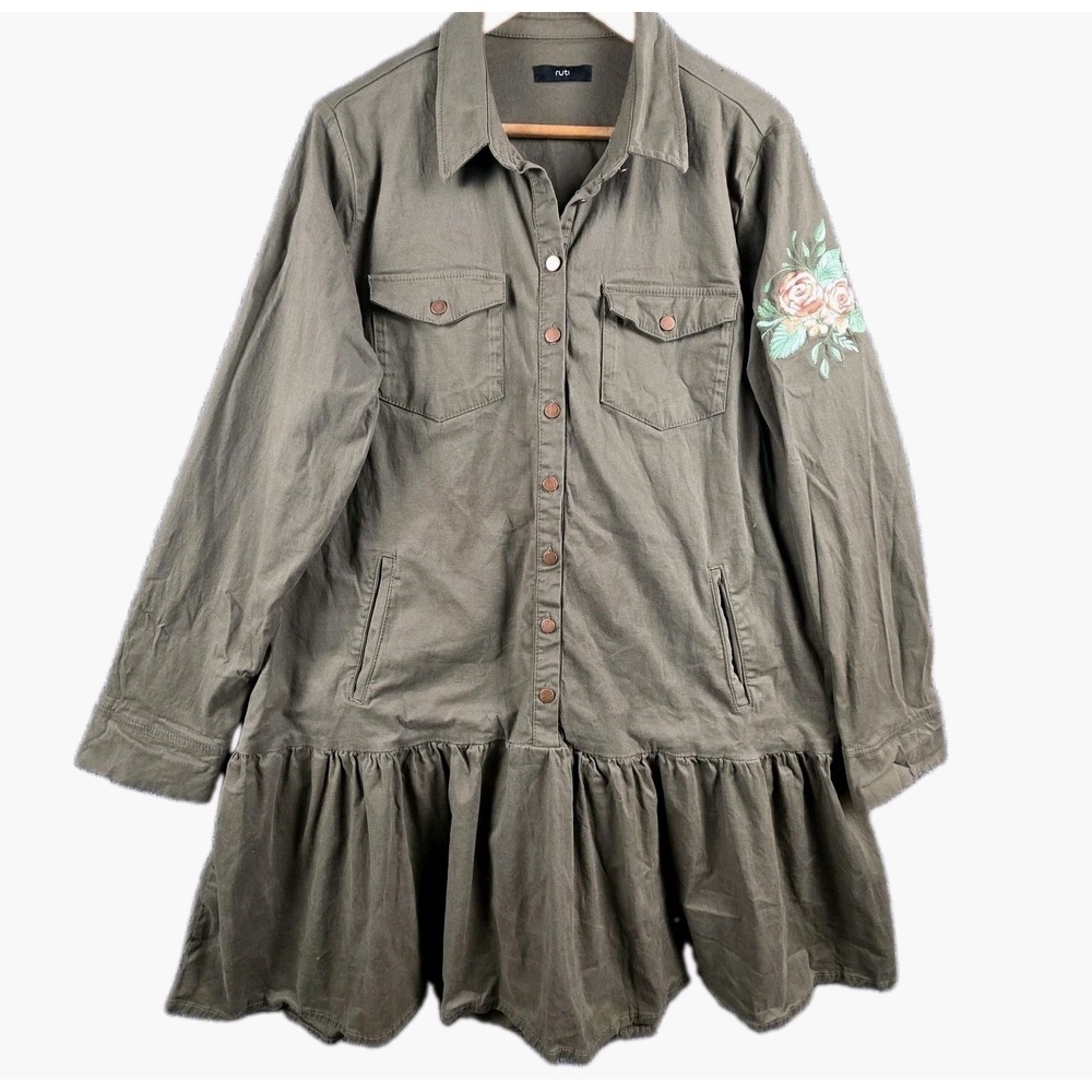 Ruti Shirt Dress XL Coming Up Roses Olive Green Floral Utility Military Surplus
